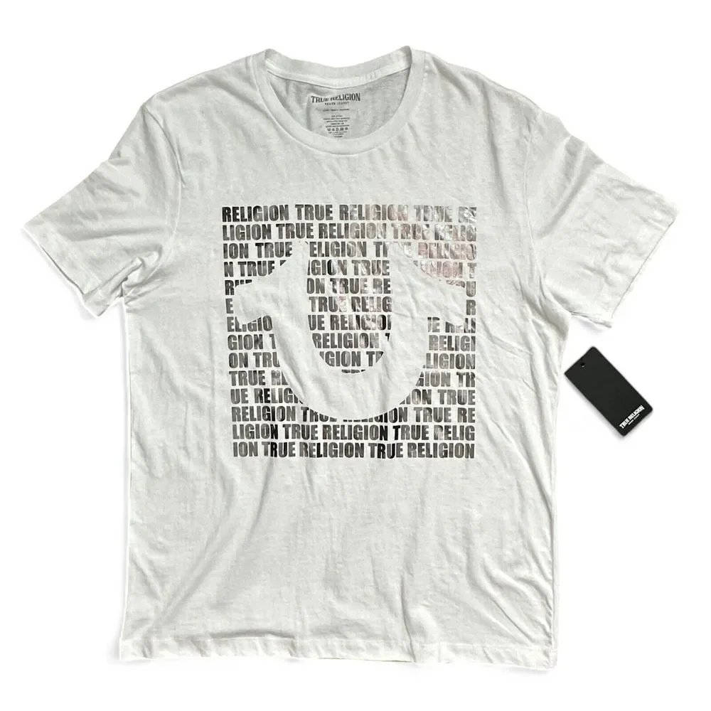 NWT True‎ Religion Brand Script All Over Silver Foil Graphic White Shirt Size L
